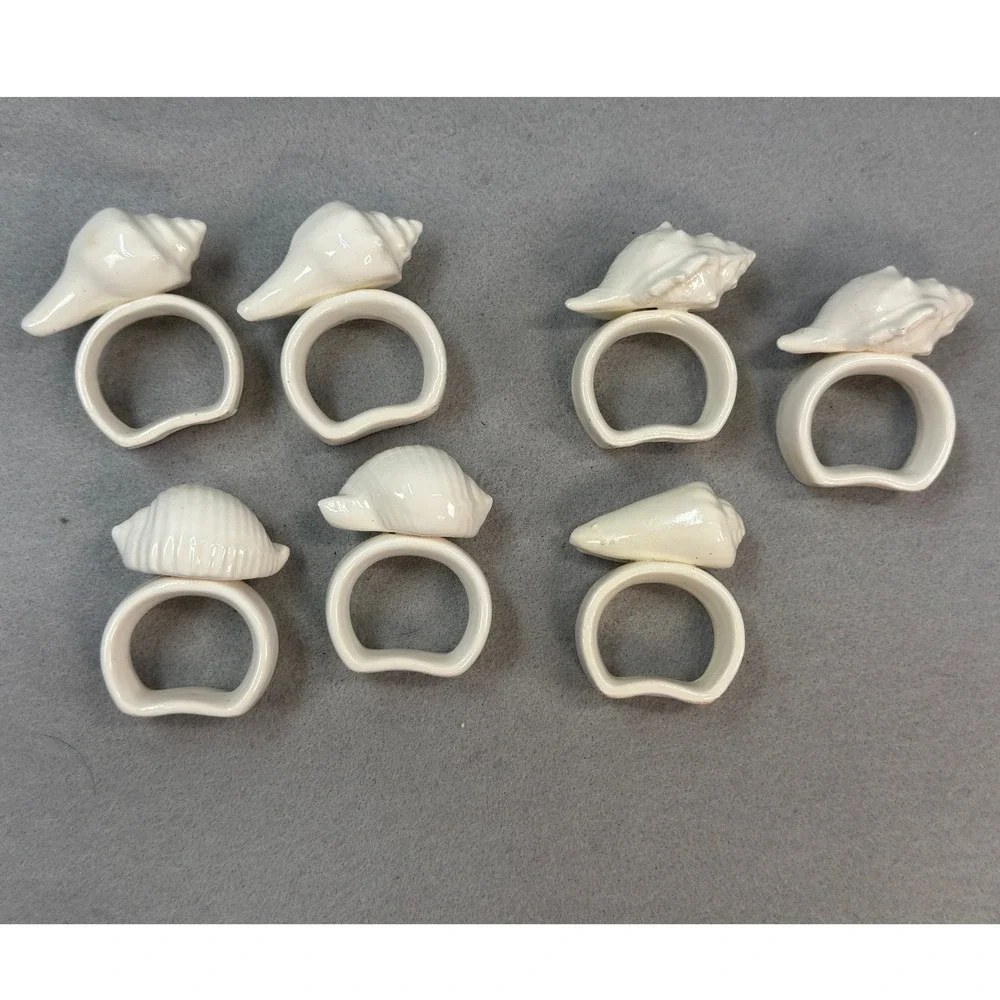 White Ceramic Seashell Napkin Rings Set of 7 Coastal Beach Table Decor